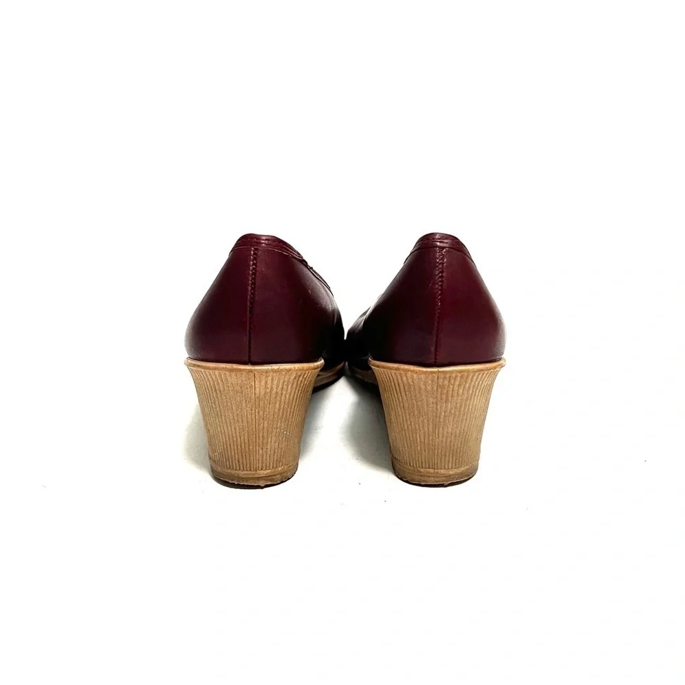 Vintage 1970s oxblood leather woven chunky slip on wedge heels